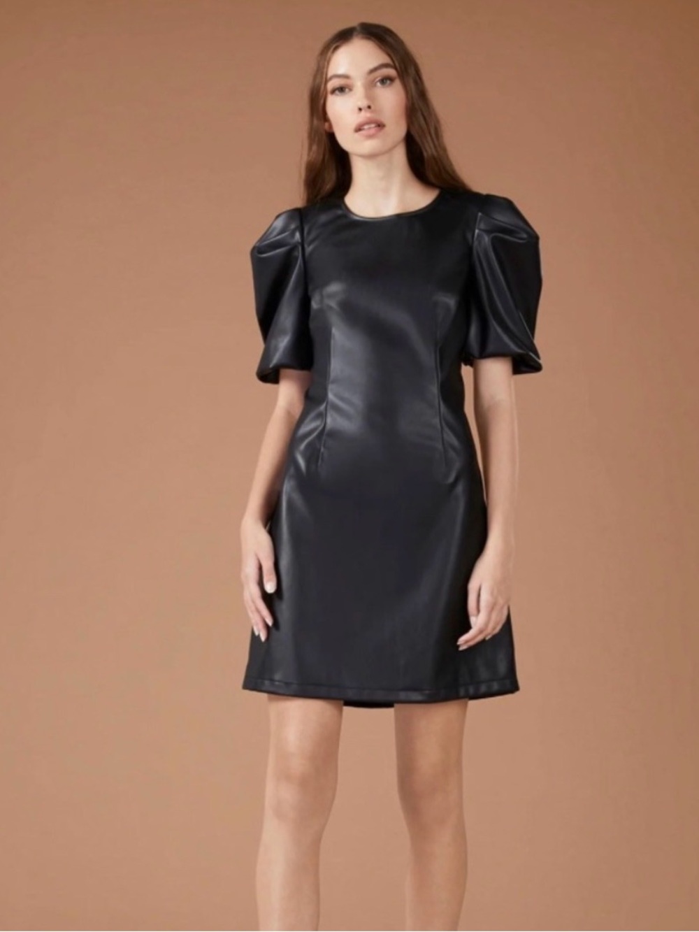 BCBG Black Faux Leather Puff-Sleeve Mini Dress